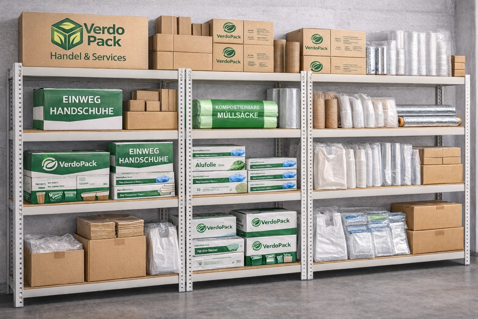 Verpackungslager von VerdoPack mit Beuteln, Kartons und Verpackungsprodukten